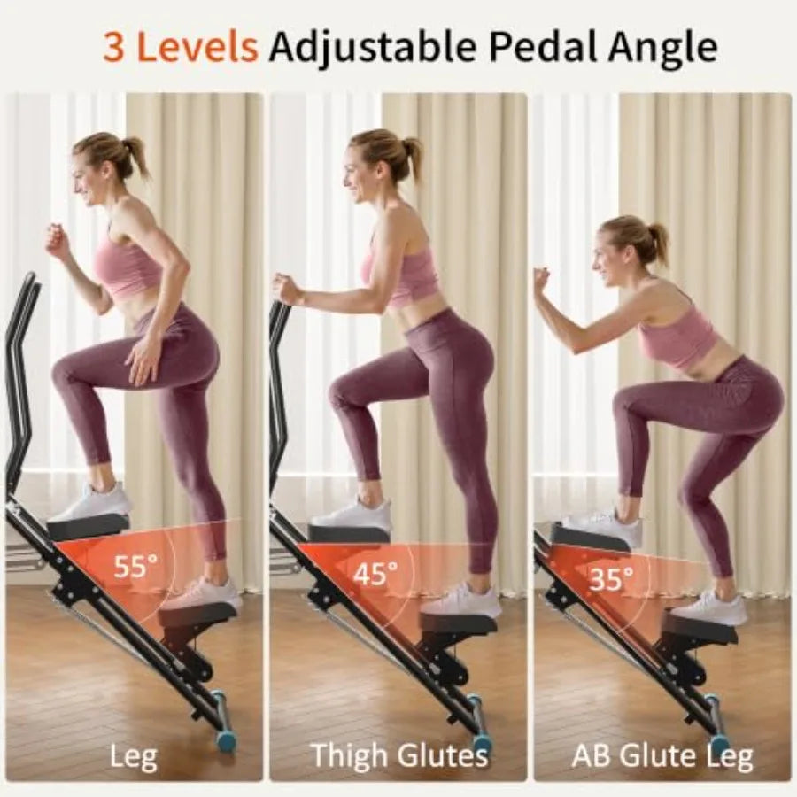 S And B Enterprise Home Gym Stair Stepper in black steel frame; 3 adjustable pedal angles shown (55°, 45°, 35°)