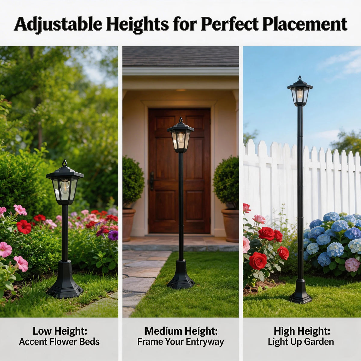 2-pack solar post lights by S And B Enterprise; 5 adjustable heights for dusk-to-dawn garden, yard, and path lighting.