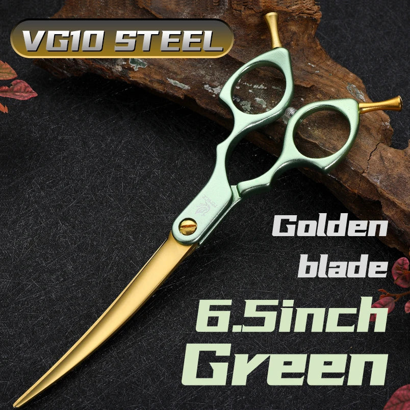 Fenice professional curved grooming scissors with green handles and gold blades, 6.5 inch VG10 steel