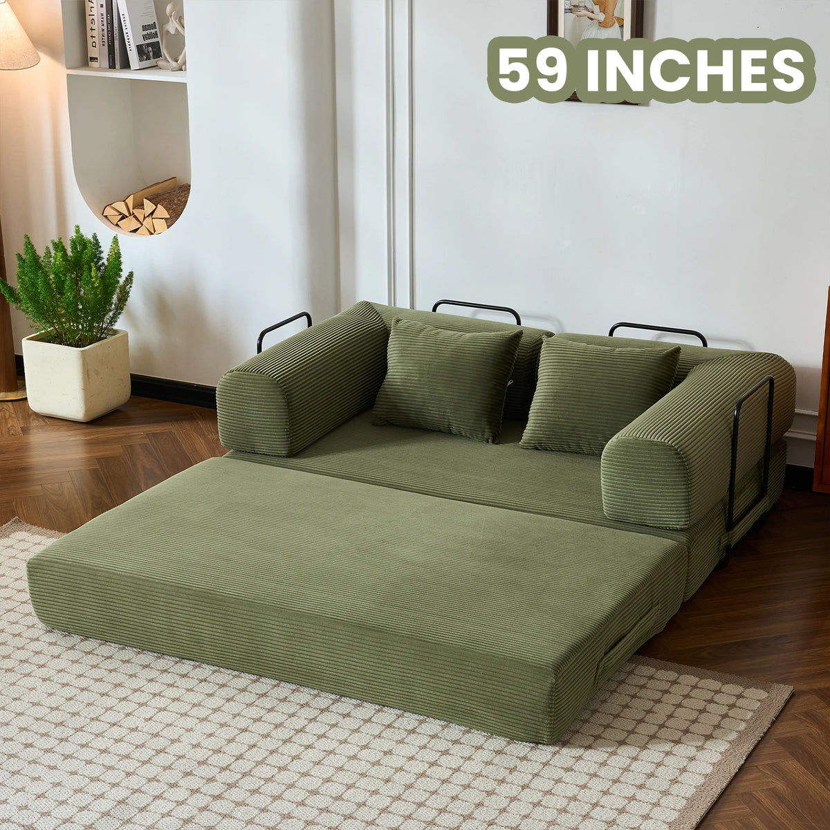 S And B Enterprise foldable futon sofa bed in green fabric with black metal L-shaped armrests