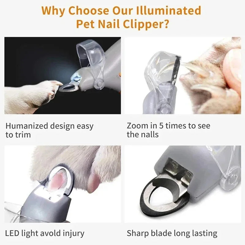 LED light pet nail clipper with amplification function; gray translucent housing by S And B Enterprise