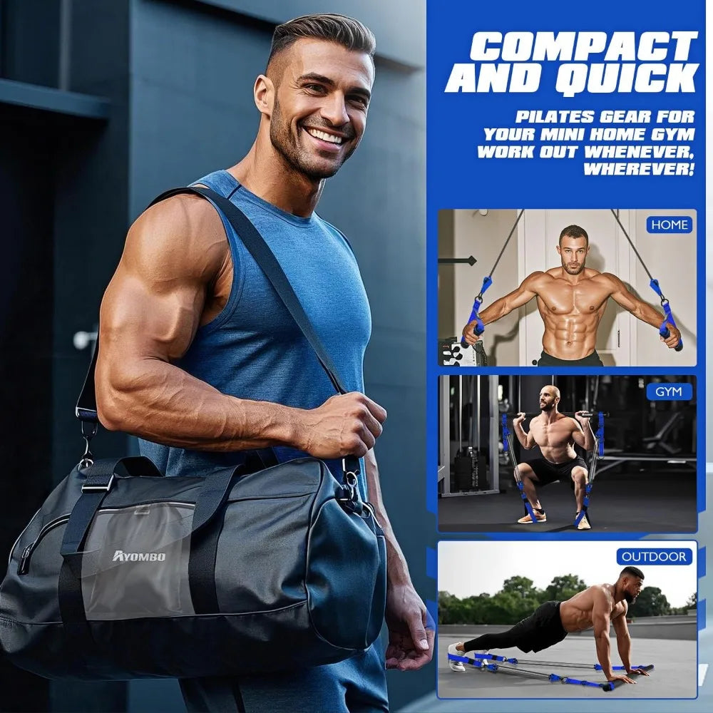 Portable heavy-duty Pilates bar kit with resistance bands by S And B Enterprise for home workouts, shown with a gym bag.