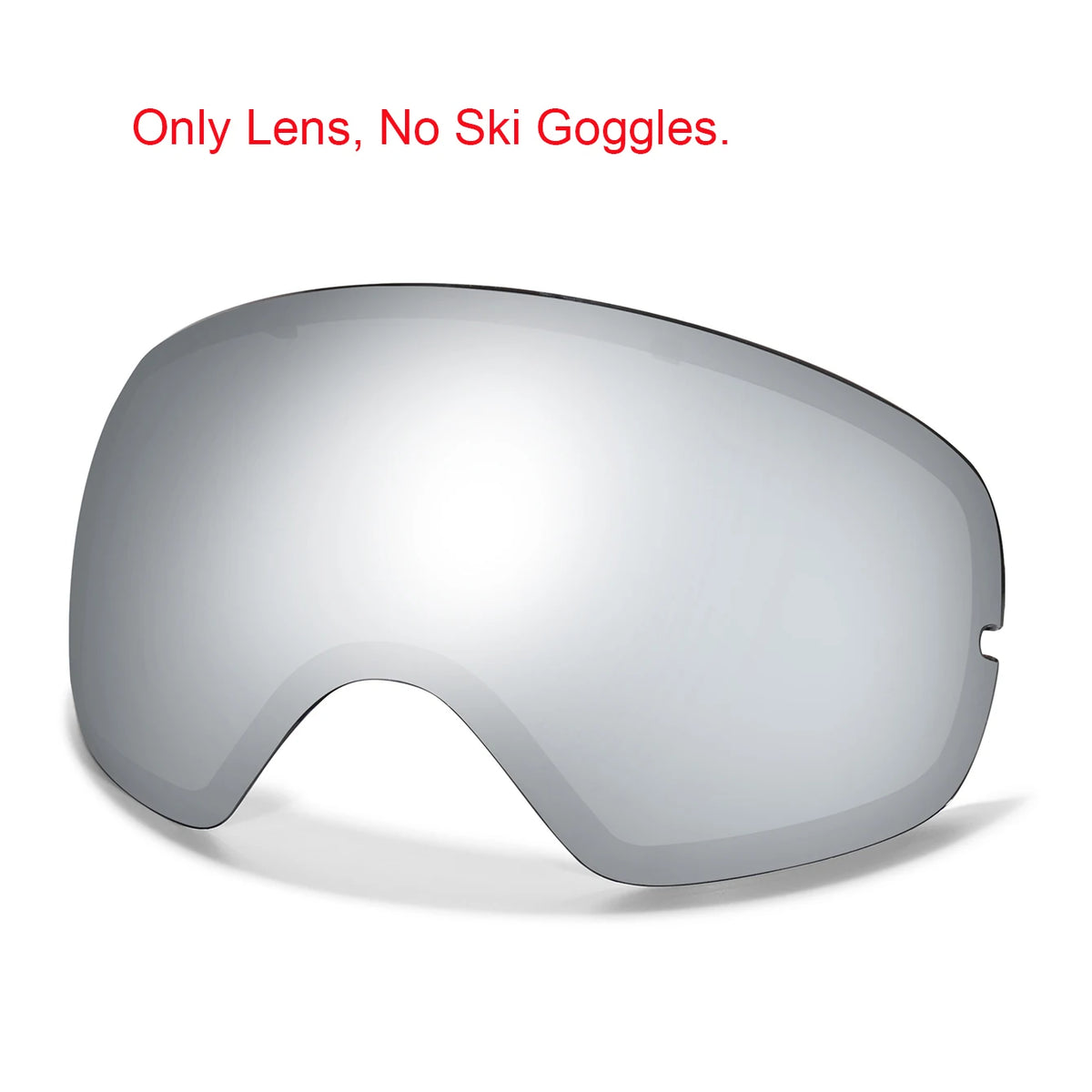 Ski goggle lens with reflective silver tint and UV400 anti-fog coating