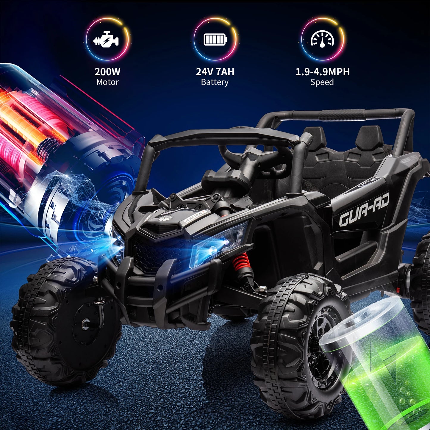 24V Kids Ride-On UTV 2-Seater with remote control, dual 200W motors, LED lights, off-road metal frame.