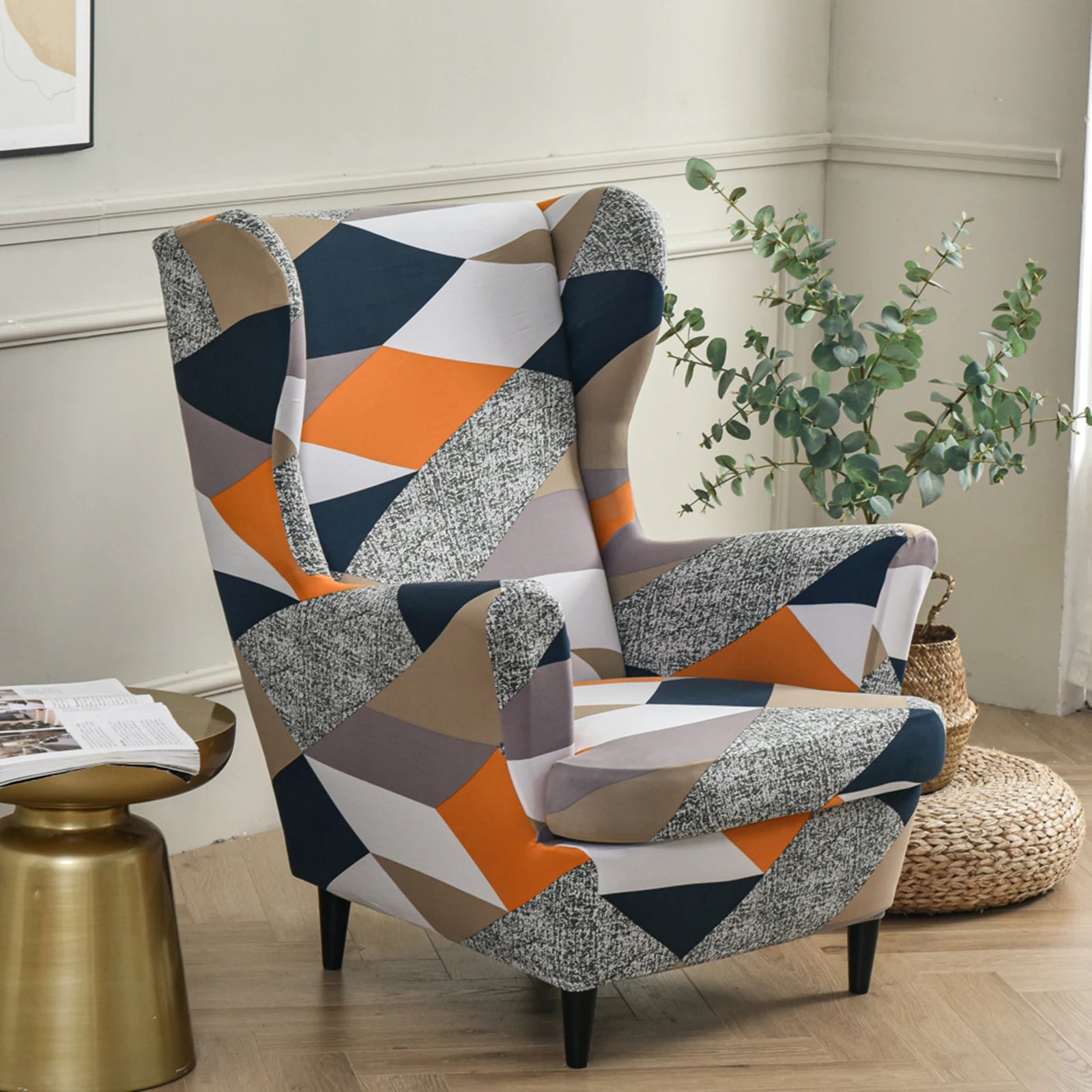 Printed Wing Chair Cover Wingback Stretch Spandex Armchair Covers Nordic Removable Relax Sofa Slipcovers With Seat Cushion Cover by S And B Enterprise