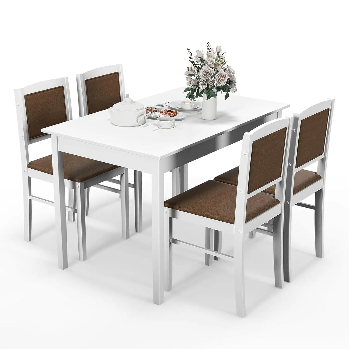 Solid Wood Dining Table Set With Four Upholstered Chairs