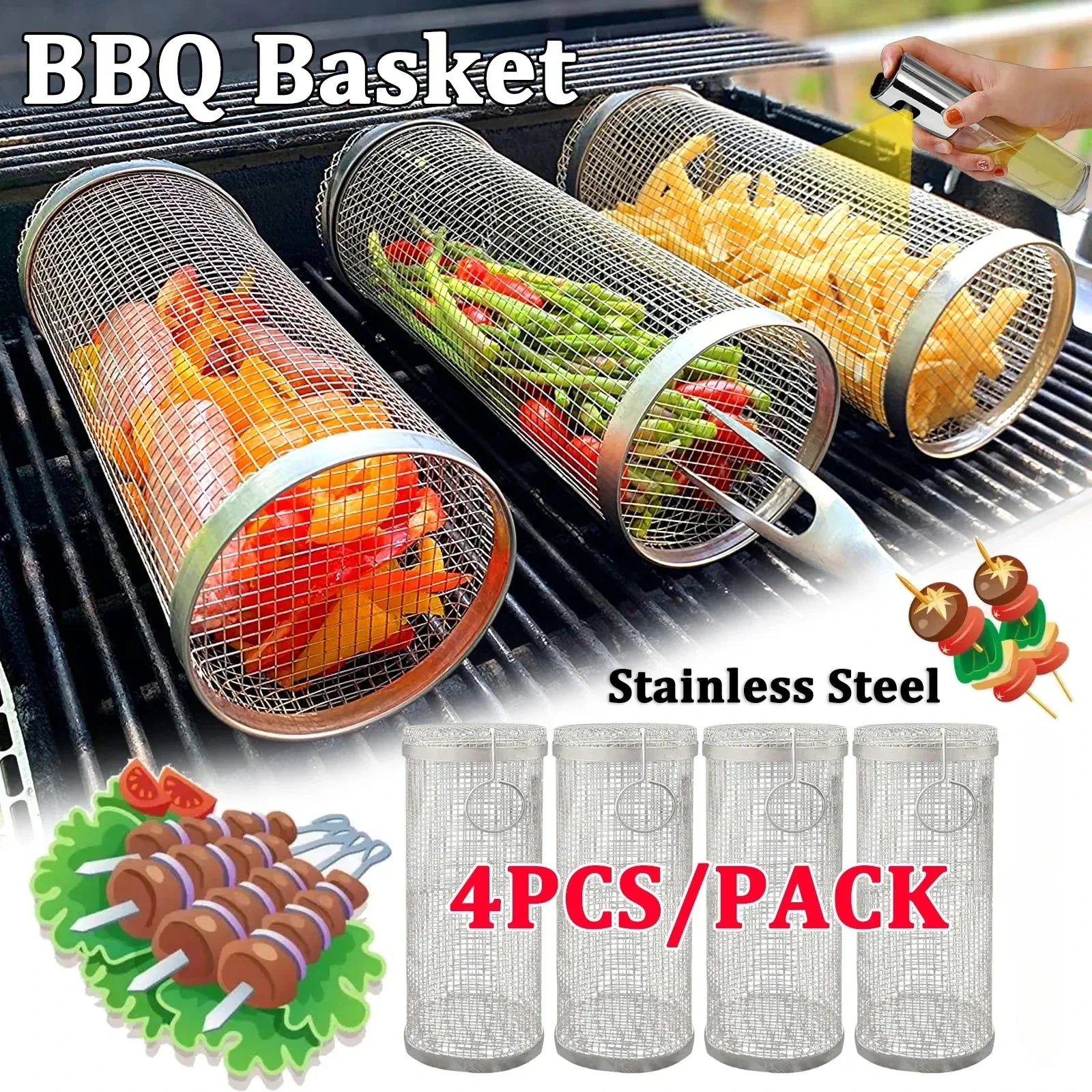 Stainless steel rolling BBQ baskets on a grill with peppers and corn; 4-piece pack.