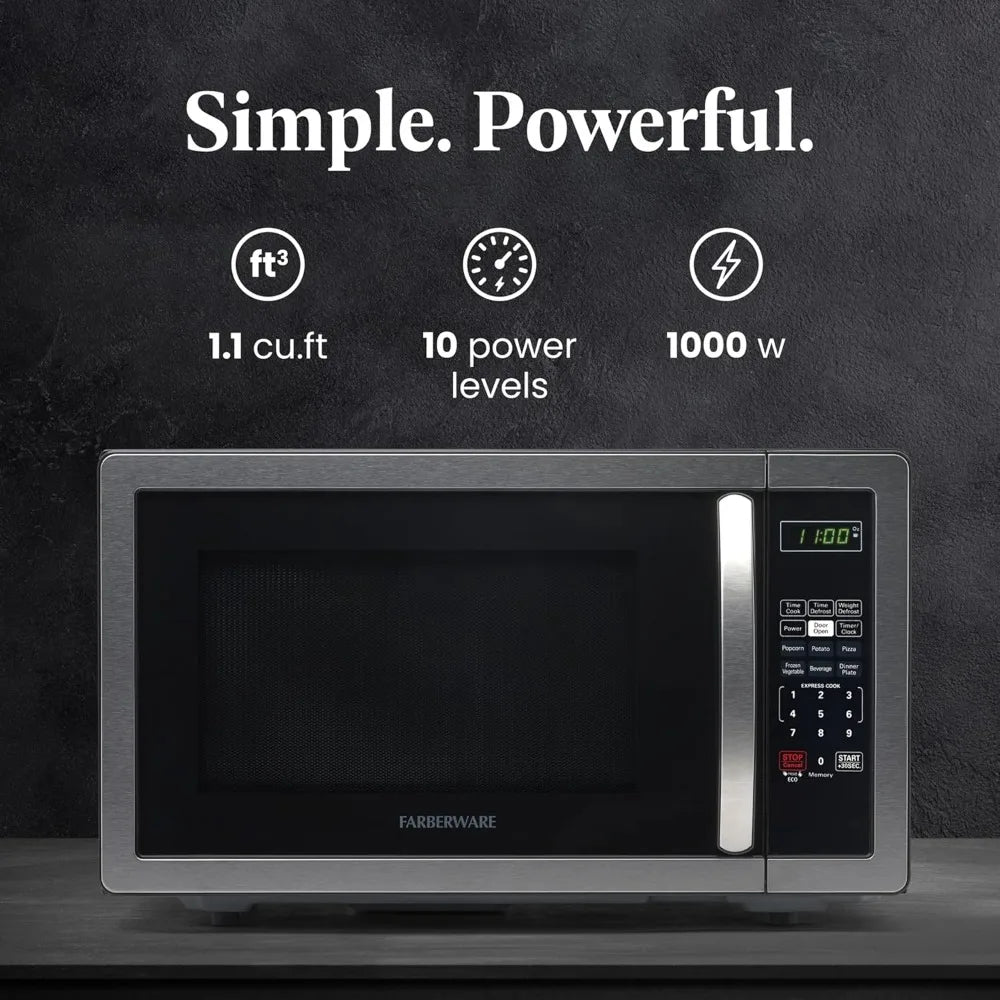 Farberware 1.1 cu ft countertop microwave, 1000W, stainless steel with digital control panel