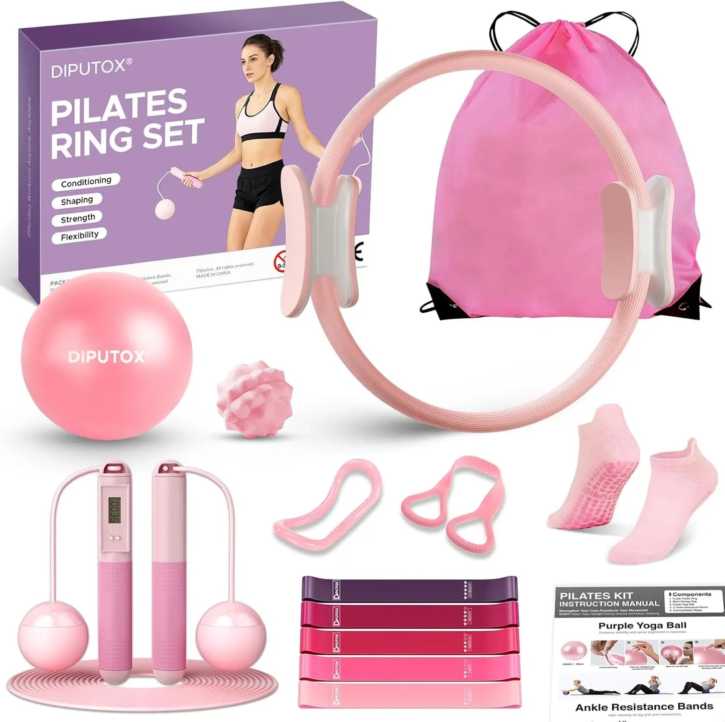 14-Piece Pilates Ring Kit for Women with Magic Circle, Mini Ball, Resistance Bands & Yoga Socks for Home Workouts by S And B Enterprise
