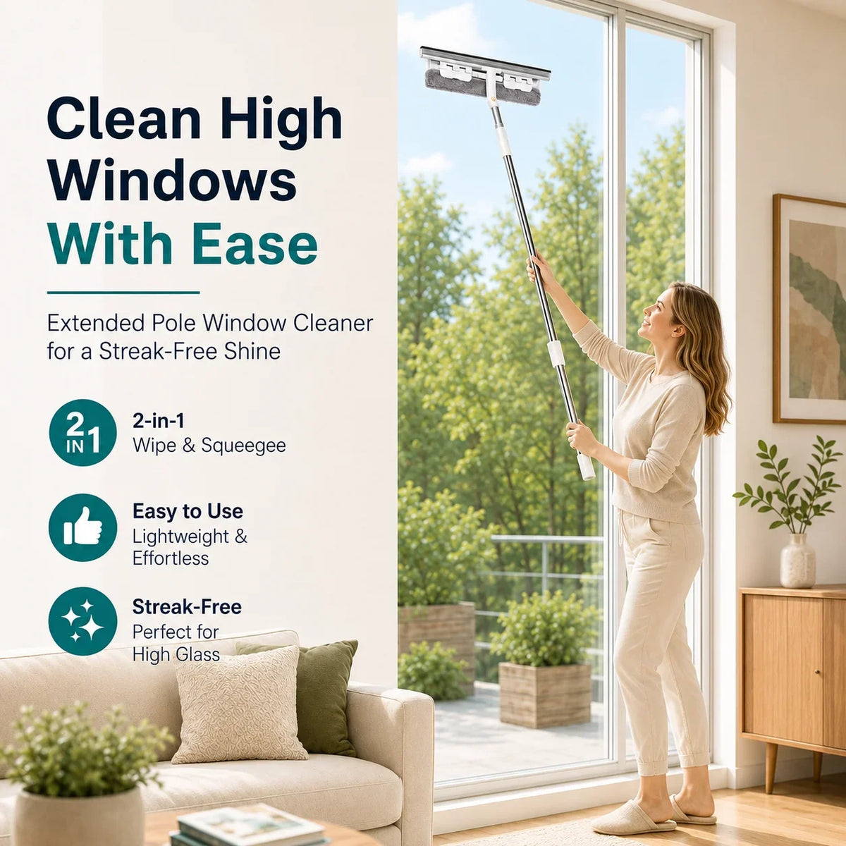 Joybos 2-in-1 window squeegee with 53-inch extendable pole and microfiber pad