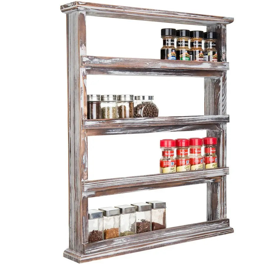 Wooden Spice Rack Wall Mount Four Tier Shelf Organizer
