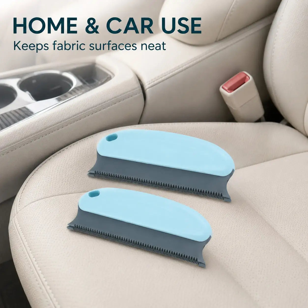 2-pack pet hair remover brushes with handles; blue and gray, for cars, furniture, and clothing.