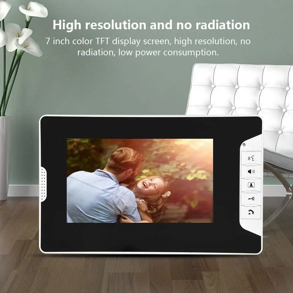 Video Intercom System with 7-inch display; black unit with white trim, waterproof doorbell camera kit