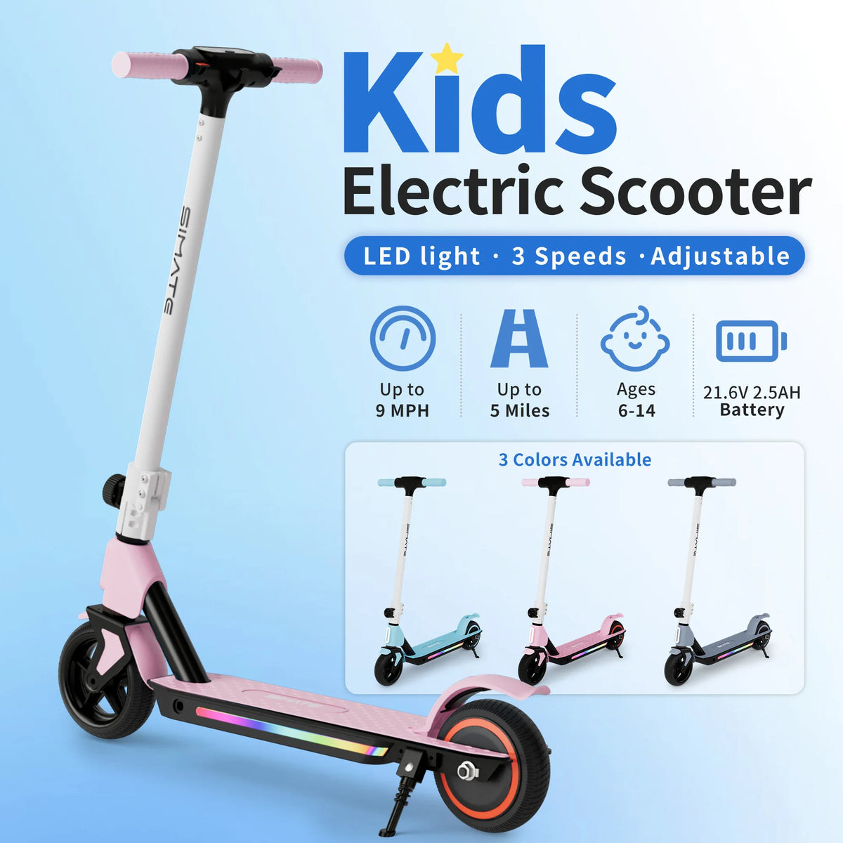 SIMATE Kids Electric Scooter with pink color, foldable aluminum frame, LED display and colorful lights