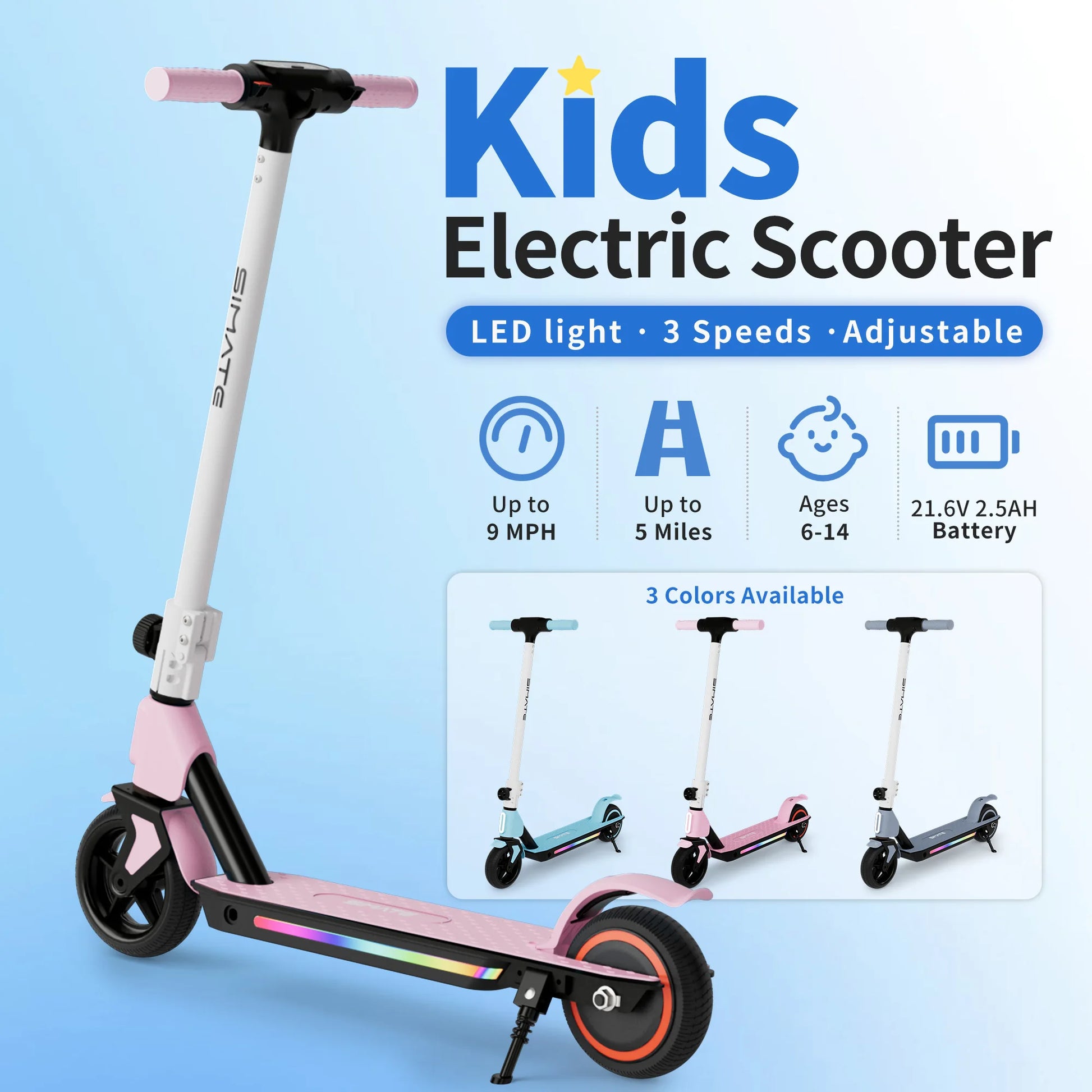 SIMATE Kids Electric Scooter with pink color, foldable aluminum frame, LED display and colorful lights