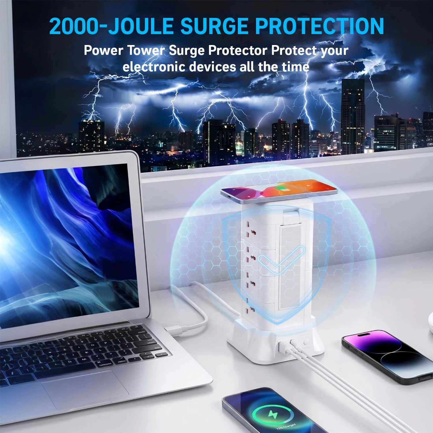 White power strip tower by S And B Enterprise with 12 AC outlets, 3 USB ports, flat plug and wireless charging.
