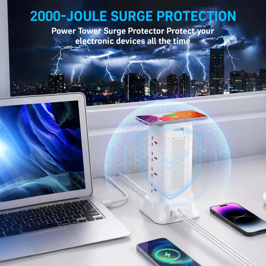 White power strip tower by S And B Enterprise with 12 AC outlets, 3 USB ports, flat plug and wireless charging.
