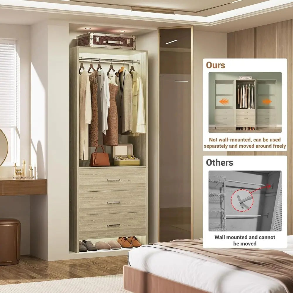 Wood Closet Organizer System With 3 Drawers And Hanging Rods
