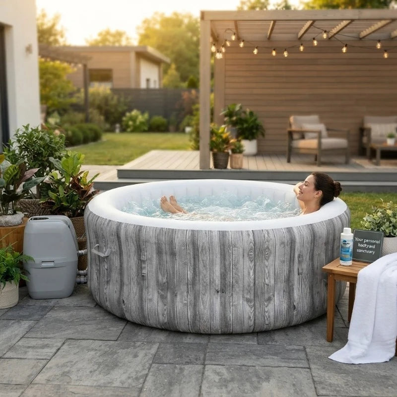 SaluSpa Fiji round inflatable hot tub with gray wood-grain exterior, 2–4 person outdoor spa featuring 120 air jets