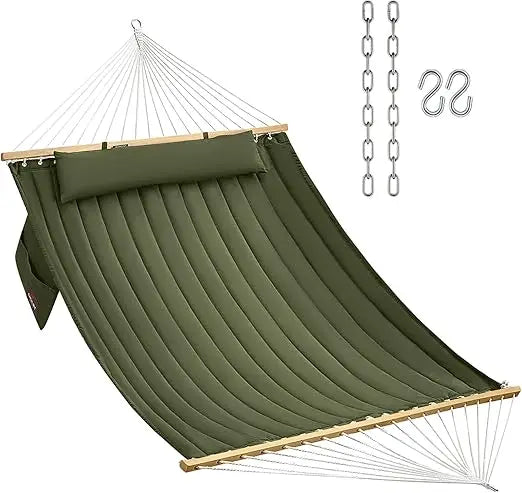 Double Quilted Fabric Hammock With Hardwood Spreader Bars And Pillow