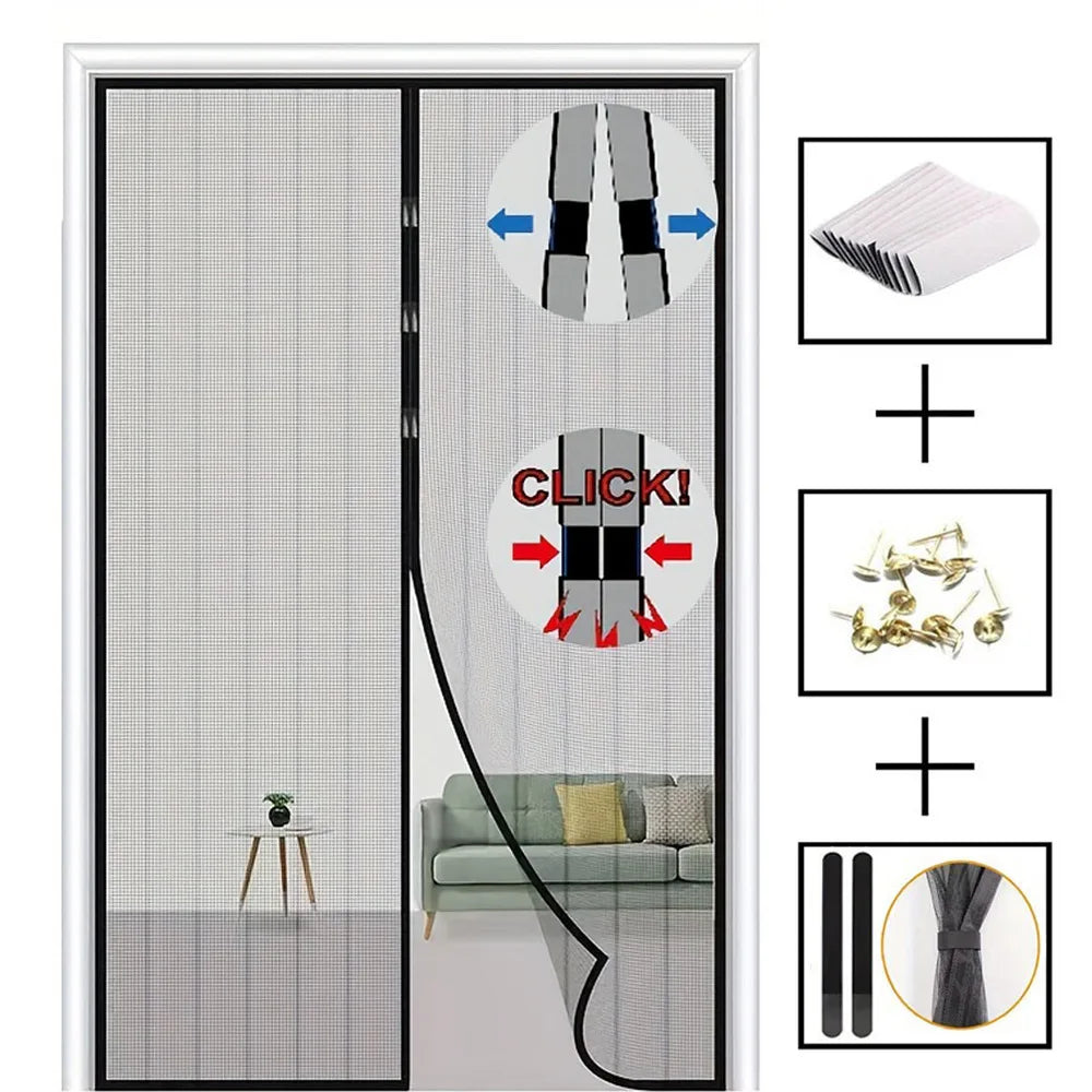 Magnetic door curtain screen mesh with auto-close magnets; gray mesh, black frame