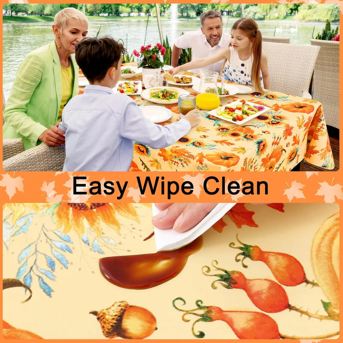 Waterproof Elastic Fitted Tablecloth With Floral Pumpkin Christmas Decor