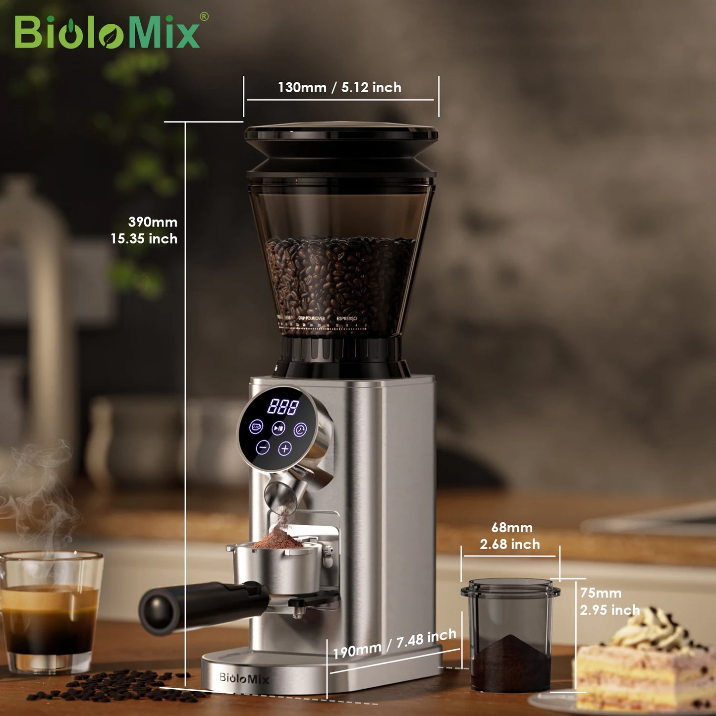 BioloMix electric conical burr grinder with stainless steel body, black hopper, digital control panel, 48 settings