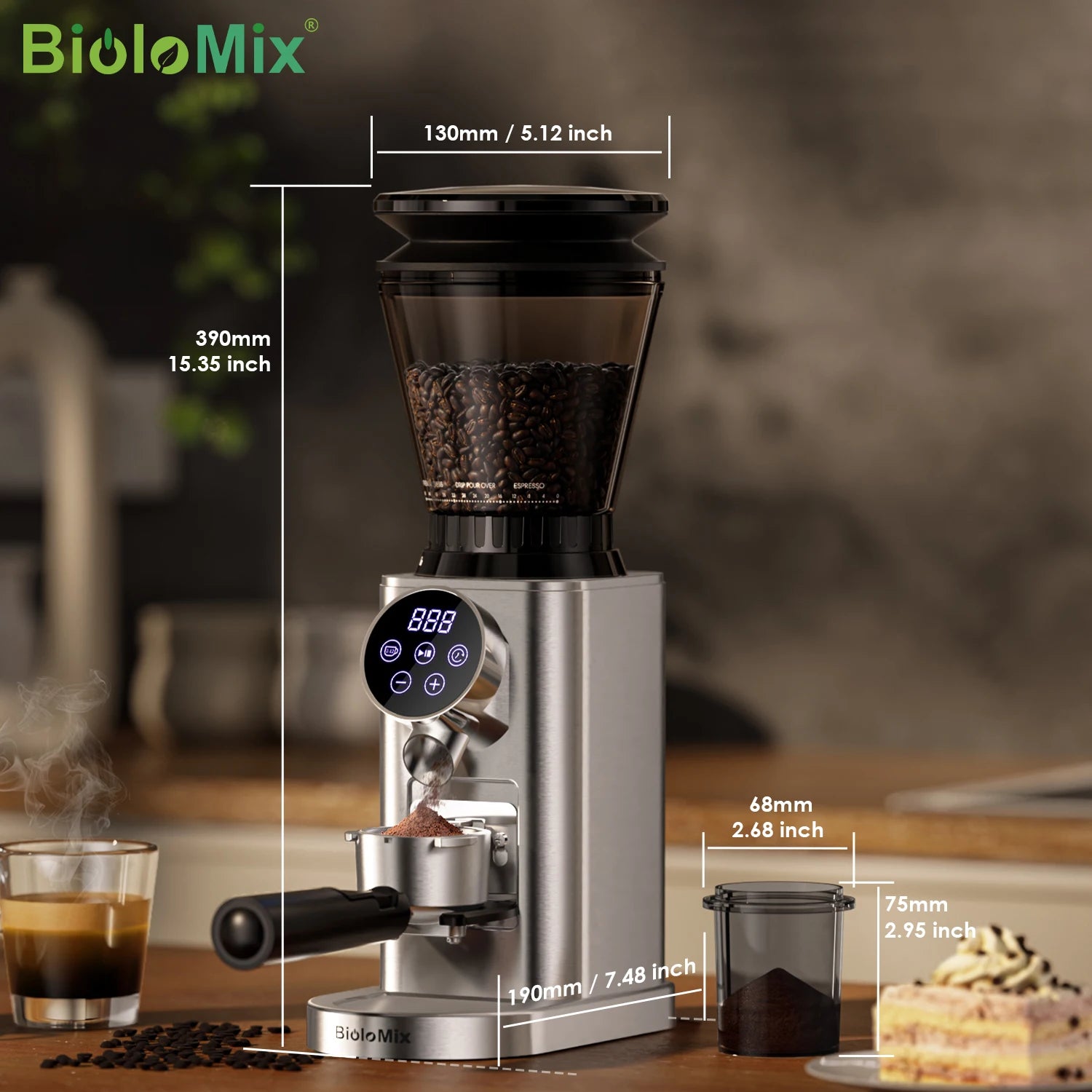 BioloMix electric conical burr grinder with stainless steel body, black hopper, digital control panel, 48 settings