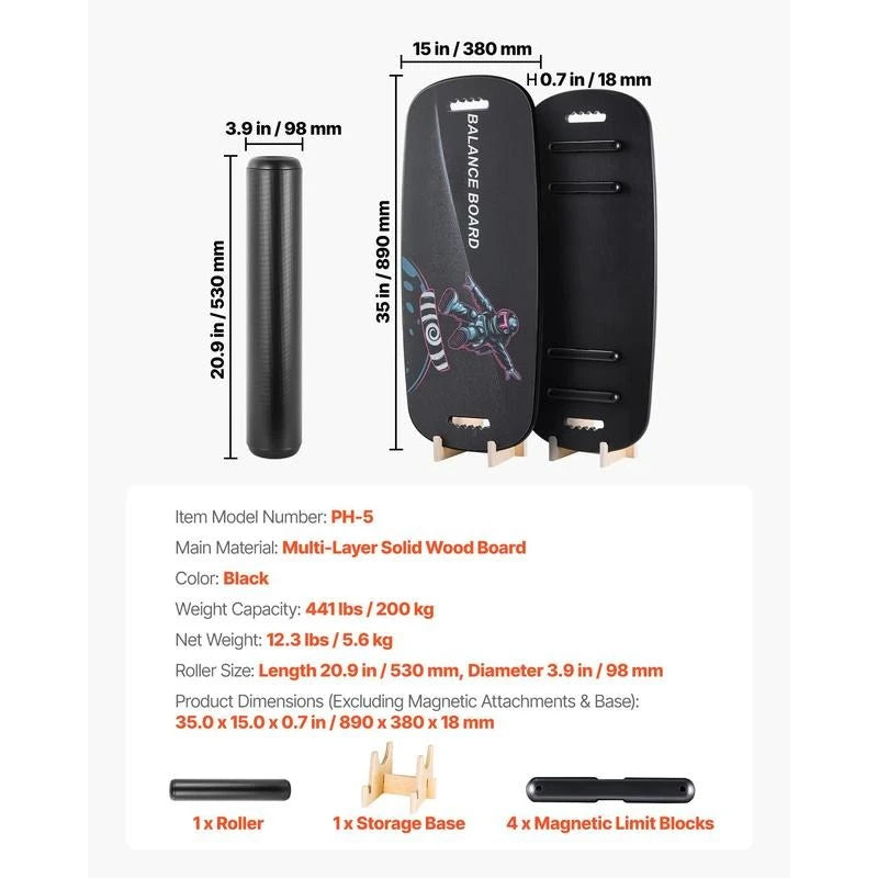 Balance Board by S And B Enterprise; black wooden wobble board with 1 roller, 1 storage base, and 4 magnetic blocks.