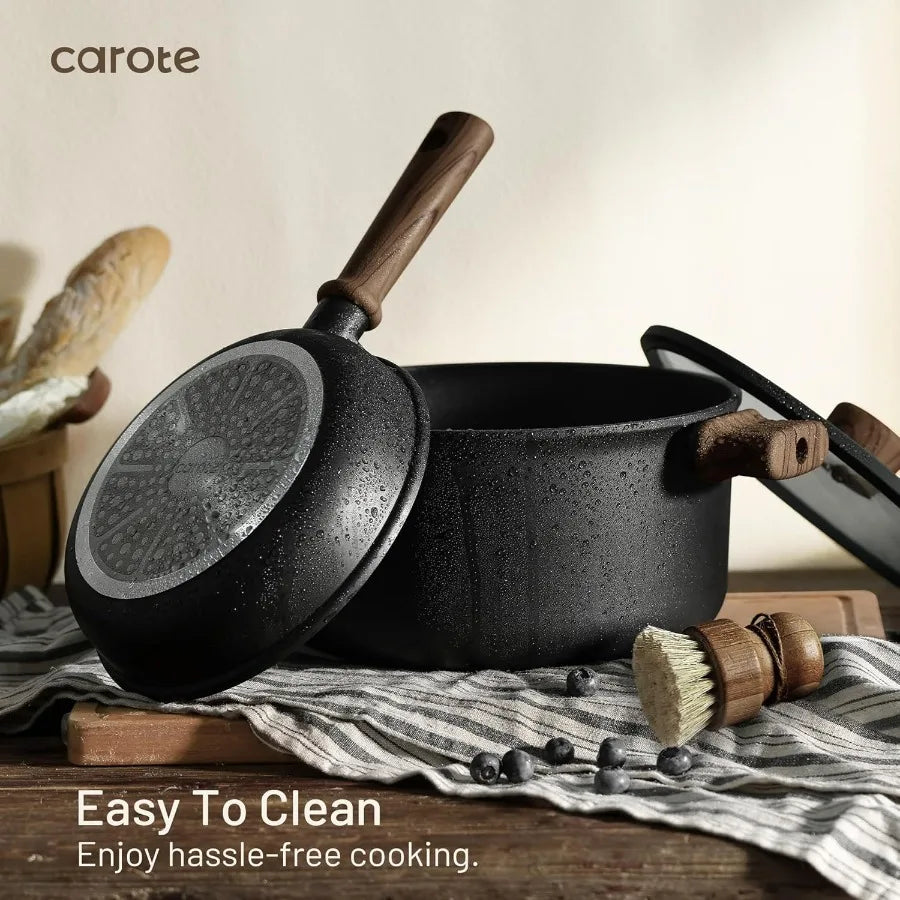 Nonstick pot and pan set by carote, black induction cookware with wooden handles