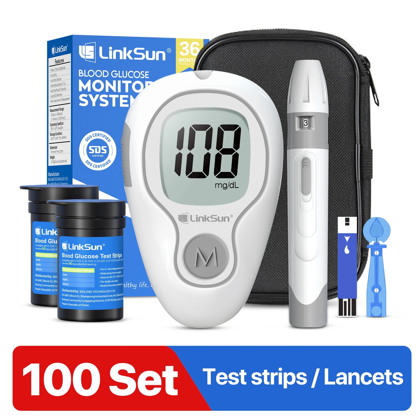 Linksun G-425-3 Blood Glucose Meter Glucometer Complete Kit