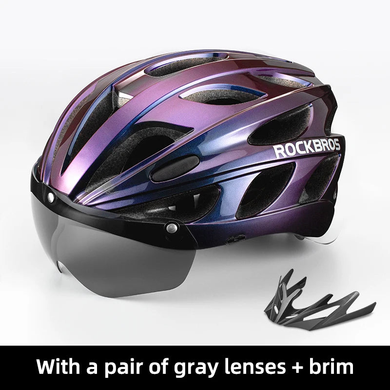 ROCKBROS bike helmet gradient purple, EPS integrally-molded, breathable; includes gray visor lenses and brim.