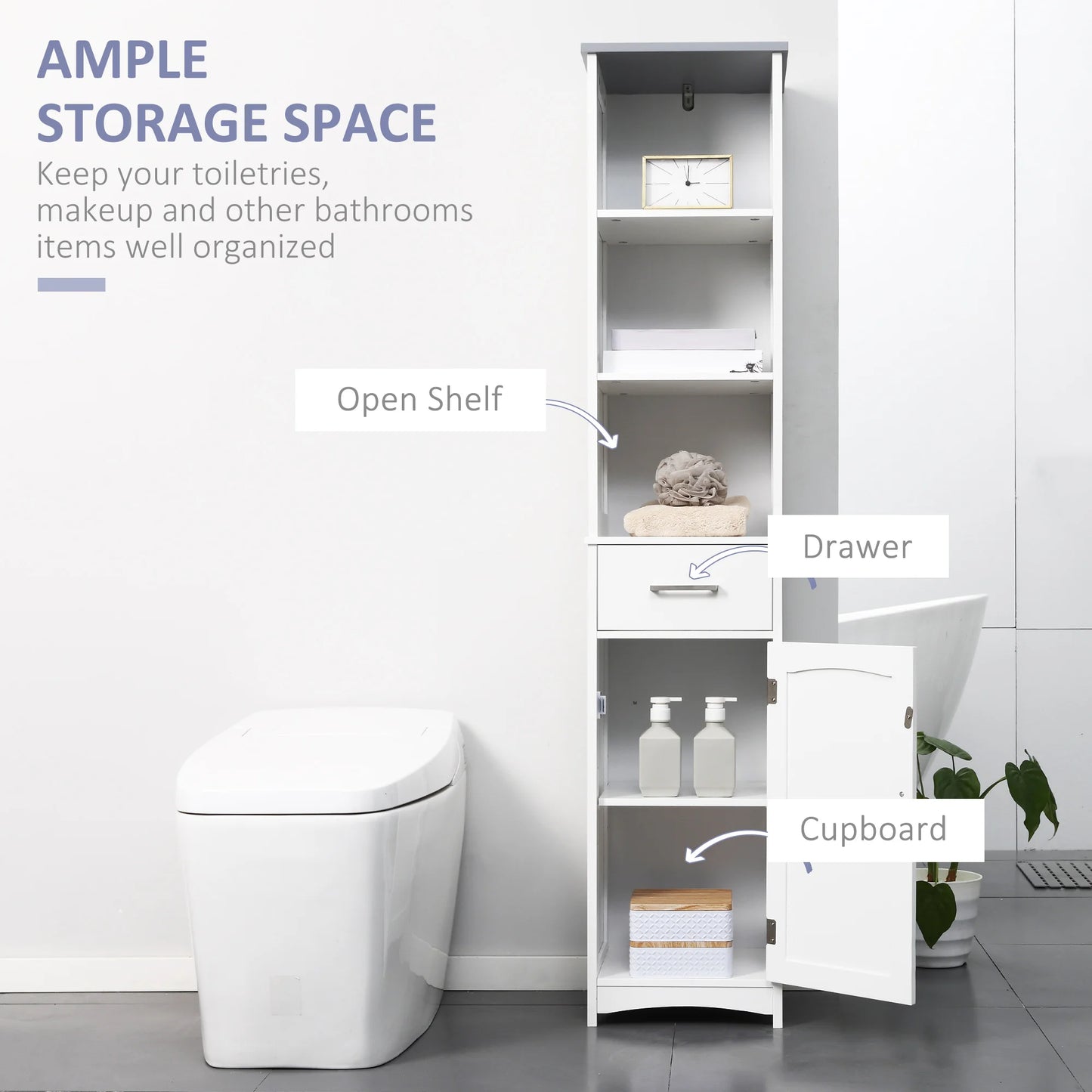 Tall white slim bathroom linen tower by S And B Enterprise with 3-tier shelving and a drawer.
