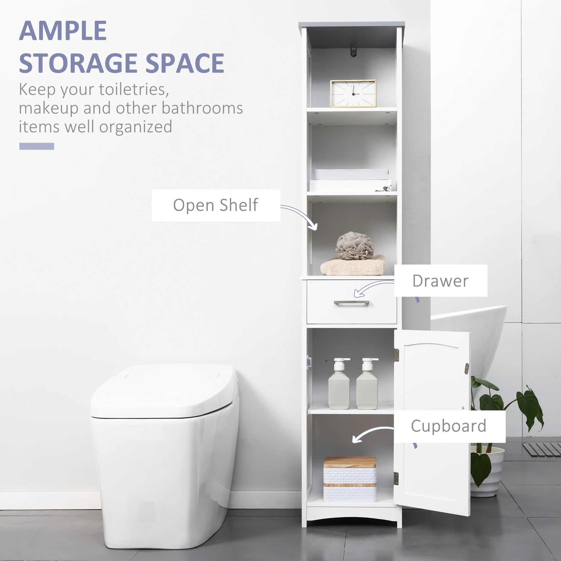 Tall white slim bathroom linen tower by S And B Enterprise with 3-tier shelving and a drawer.