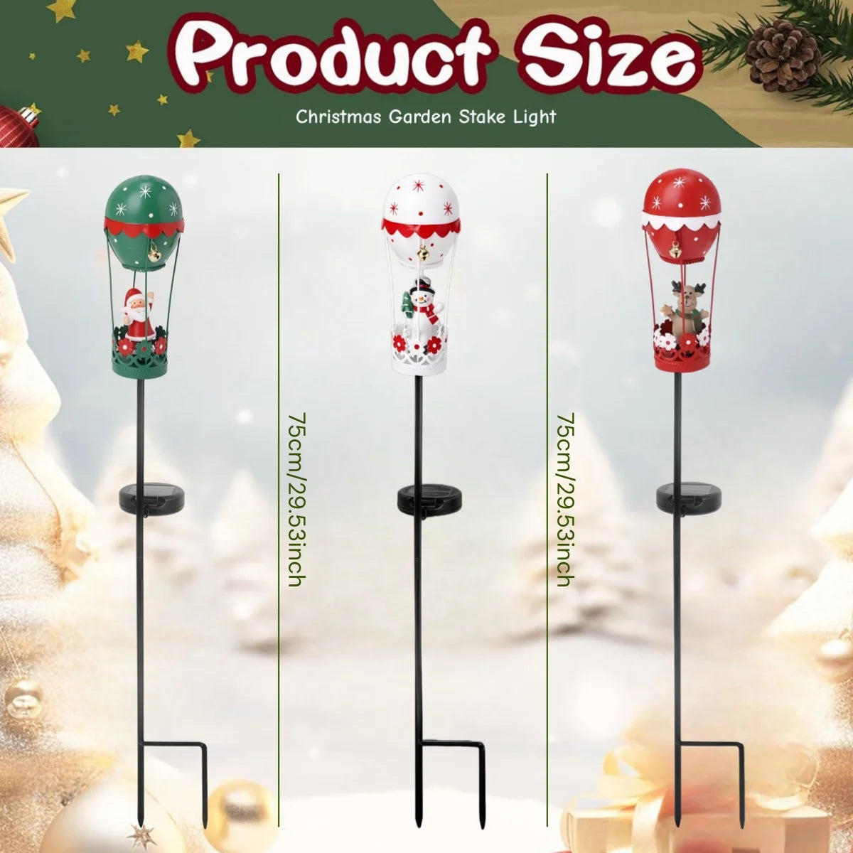 Outdoor garden solar stake iron light set featuring Santa on a hot-air balloon; three colors: green, white, red.