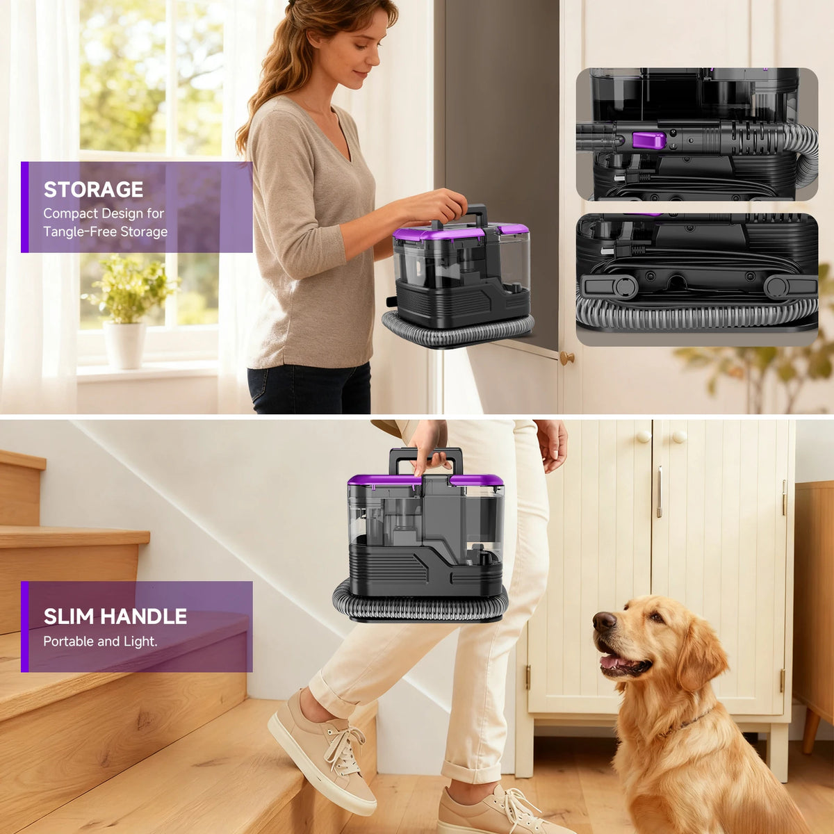 Honki 530W handheld carpet cleaner by S And B Enterprise with purple lid and transparent dirt tank