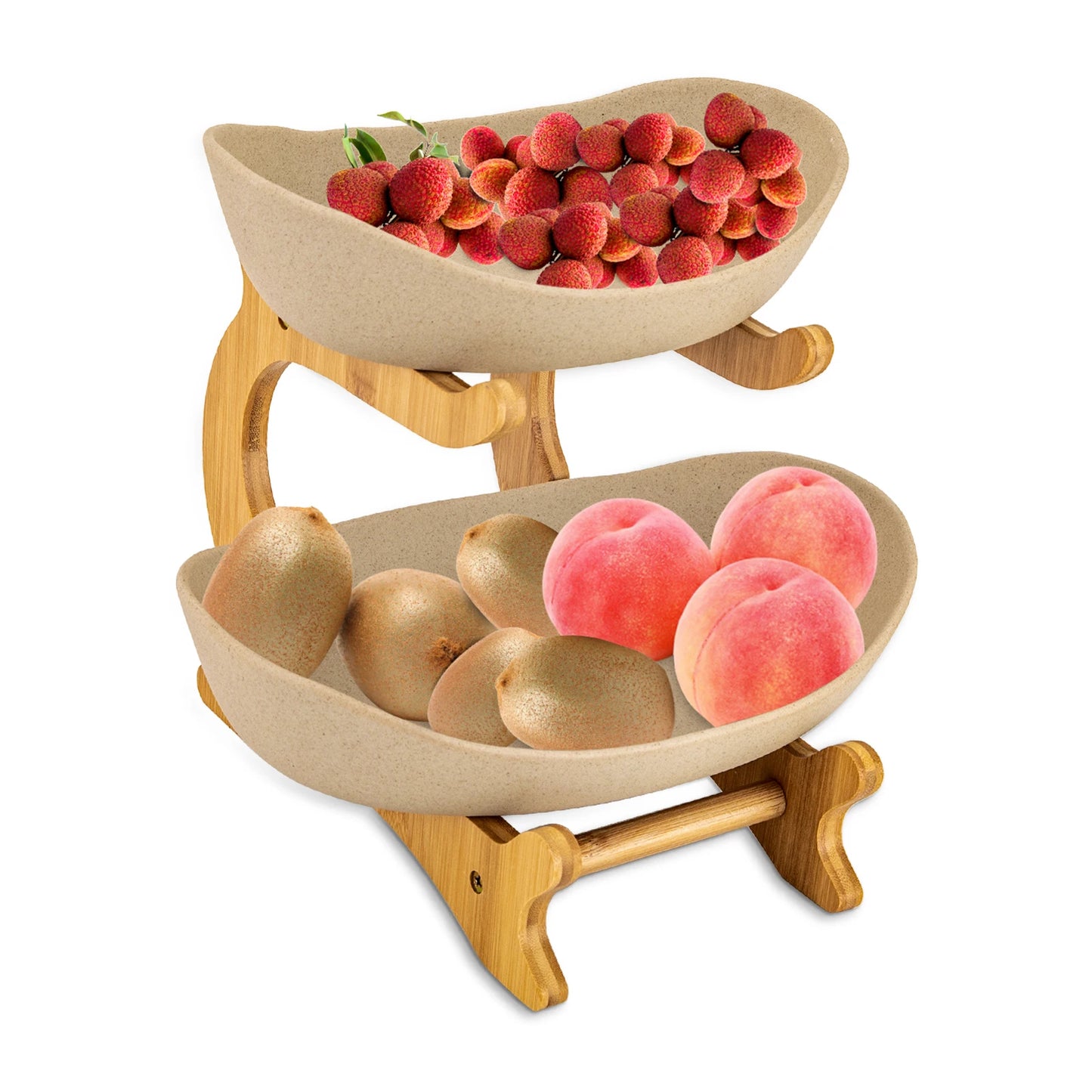 S And B Enterprise two-tier fruit basket stand with natural wood frame and beige bowls, holding kiwis, lychees and peaches.