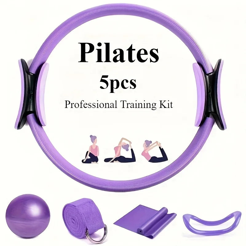 Purple Pilates 5-piece set with ring, ball, stretch strap, mat, and arch-shaped piece