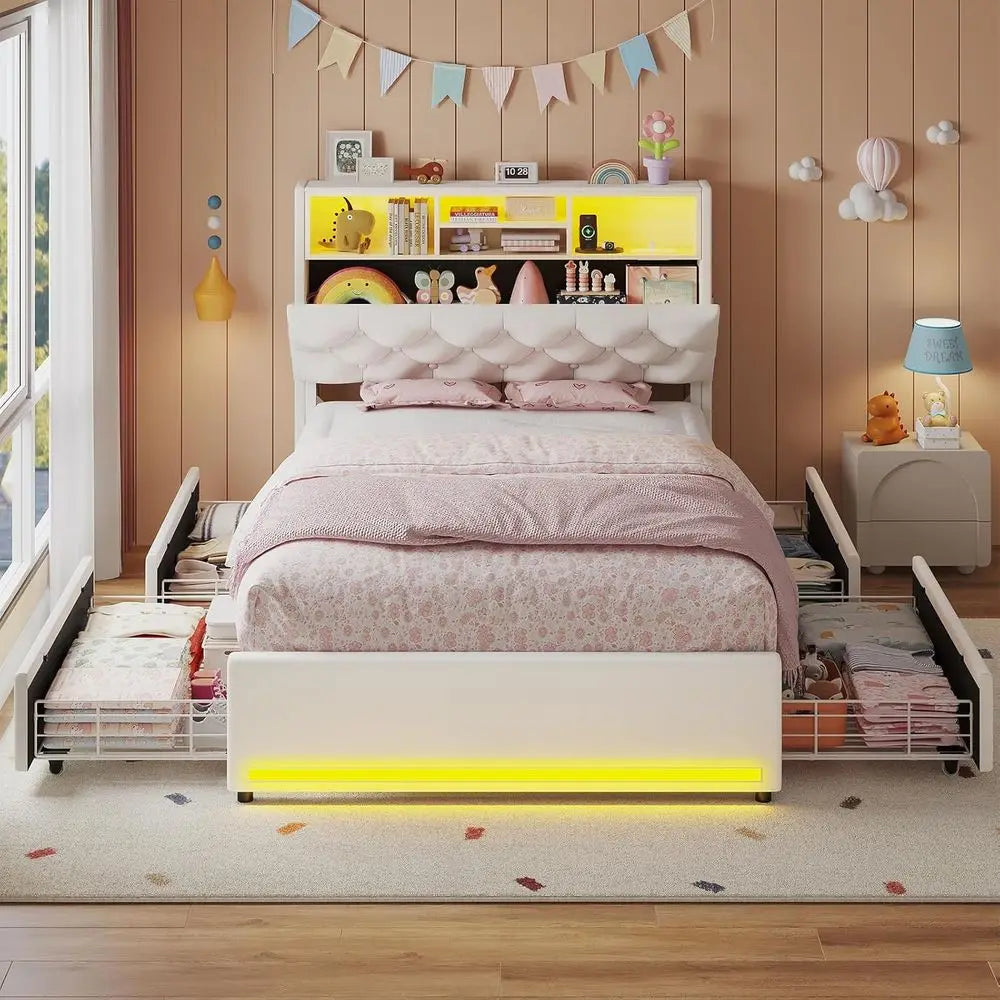 Velvet Upholstered Platform Bed With Bookcase For Kids