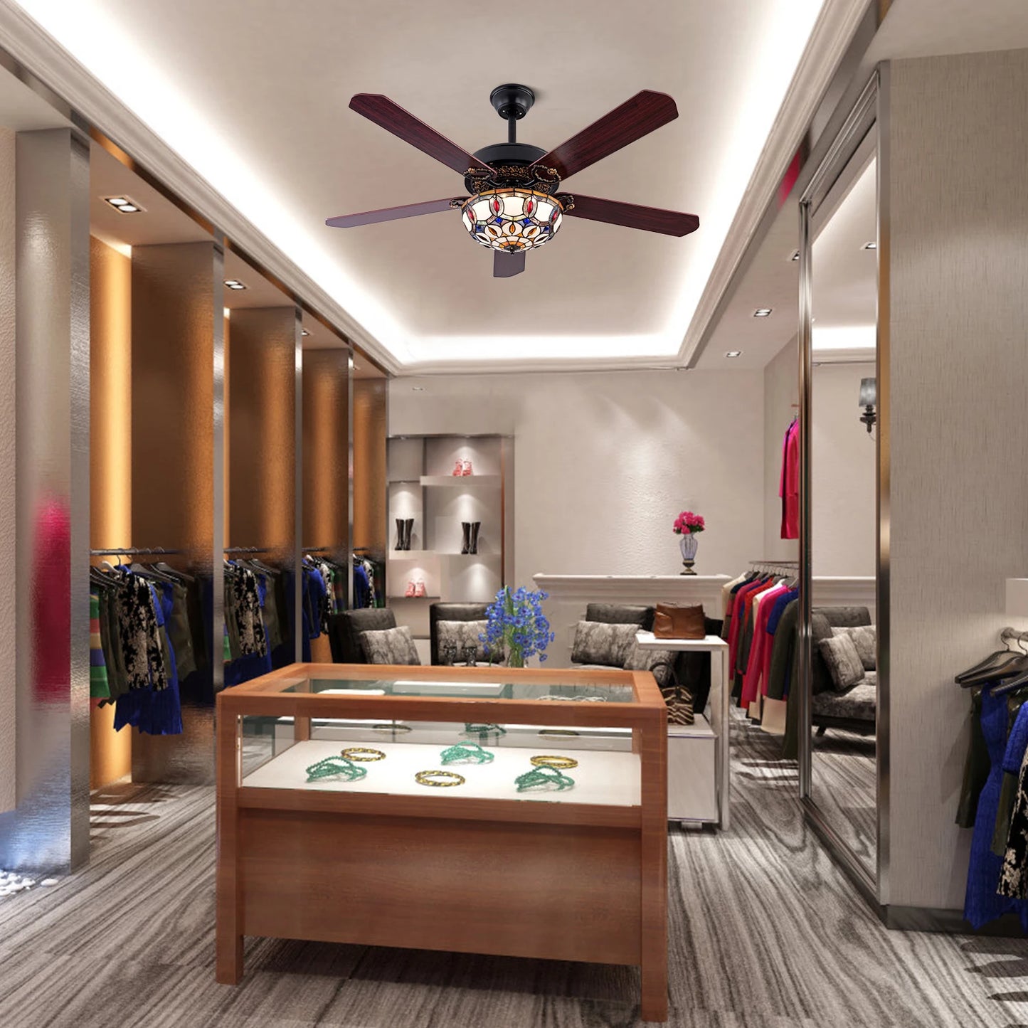 Bymaocar Tiffany Ceiling Fan With Remote Three Lights