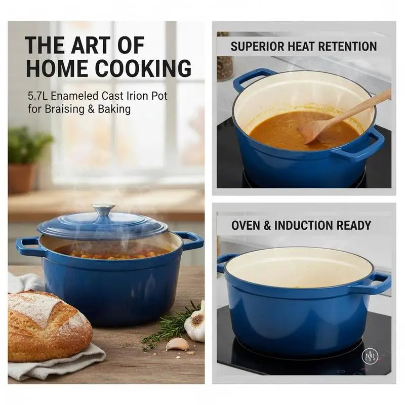 Enameled Cast Iron Dutch Oven, 6 Quart Pot with Lid and Dual Handles, Heavy-Duty Durable Cookware Pan, Oven Induction Compatible up to 500℉, for Braising, Stews, Roasting, Bread Baking, Blue by S And B Enterprise