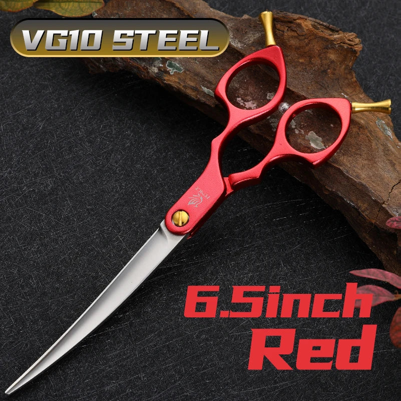 Pet grooming scissors, red curved 6.5-inch VG10 steel for dogs and cats, gold screw.
