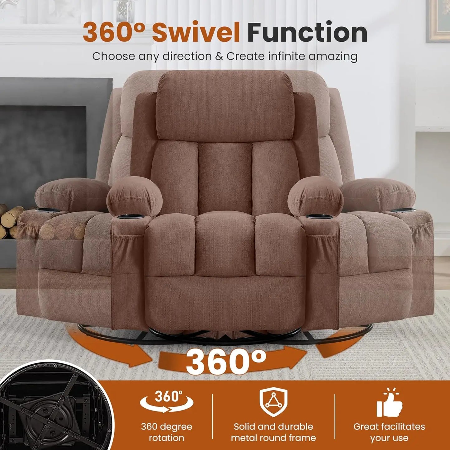 Swivel Rocker Recliner Chair With Vibration Massage Heat USB Port