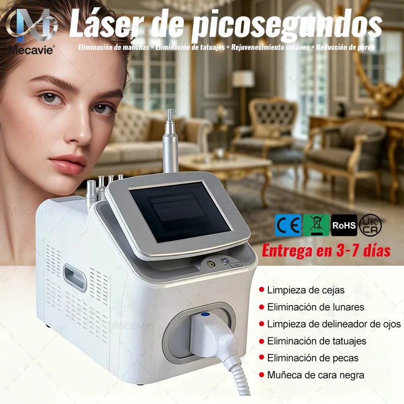 Portable pico picosecond Q-Switch Nd:YAG laser device for tattoo removal and skin rejuvenation, Mecavie beauty machine.