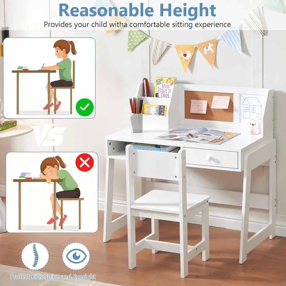 Wooden kids desk and chair set by S And B Enterprise, white with storage shelf and hutch