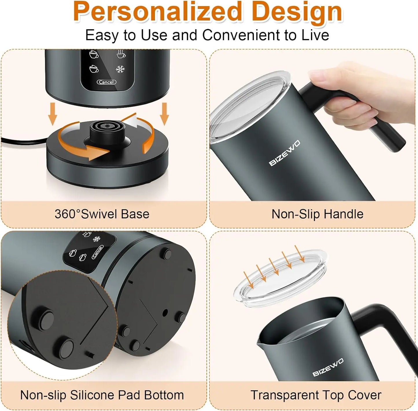 BIZEWO 4-In-1 Milk Frother With Hot Cold Foam LED Touch