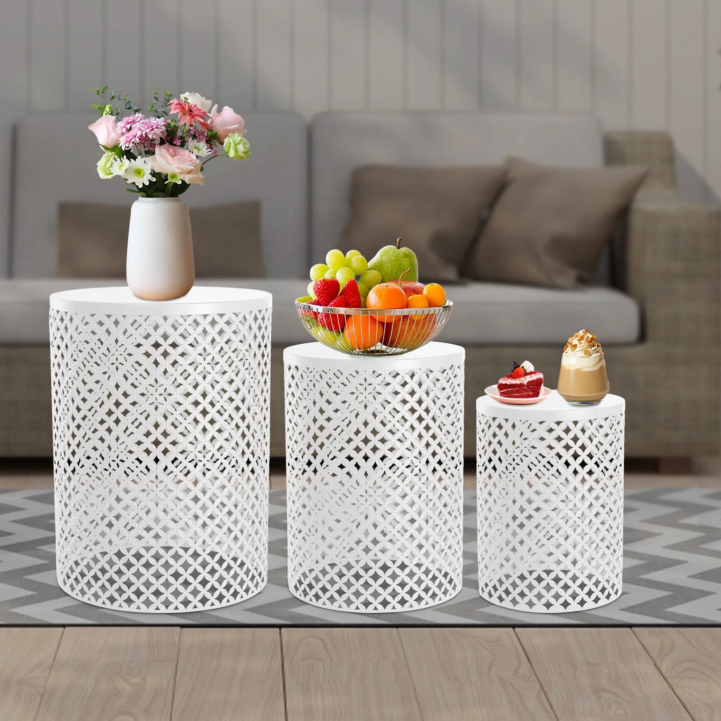 3-piece white metal frame accent table set with round lattice end tables