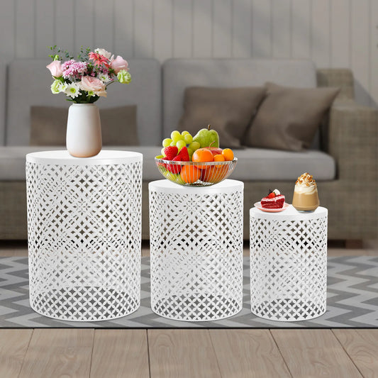 3-piece white metal frame accent table set with round lattice end tables