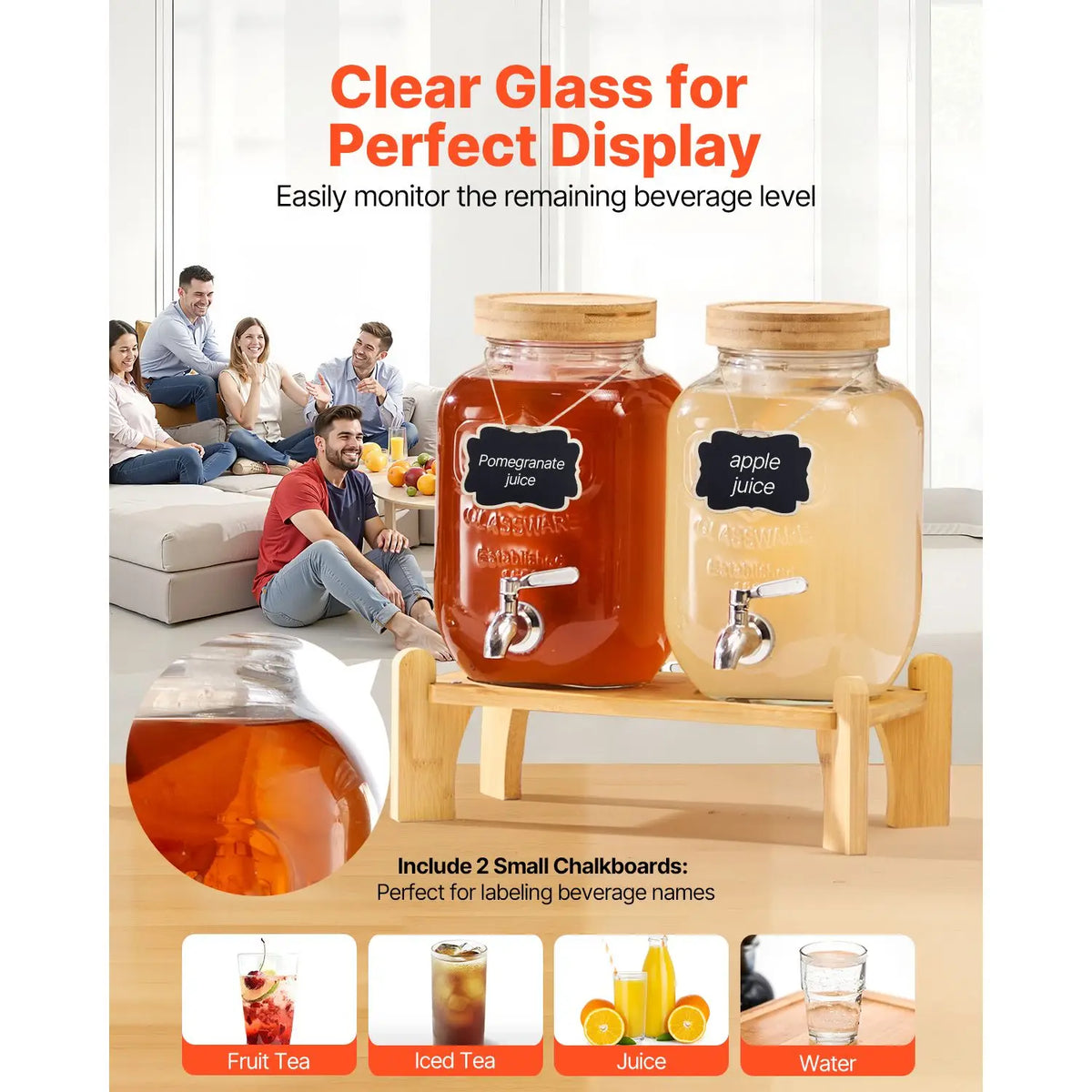 Two 1-gallon glass beverage dispensers on a wooden stand with metal spigots, labeled pomegranate juice and apple juice.