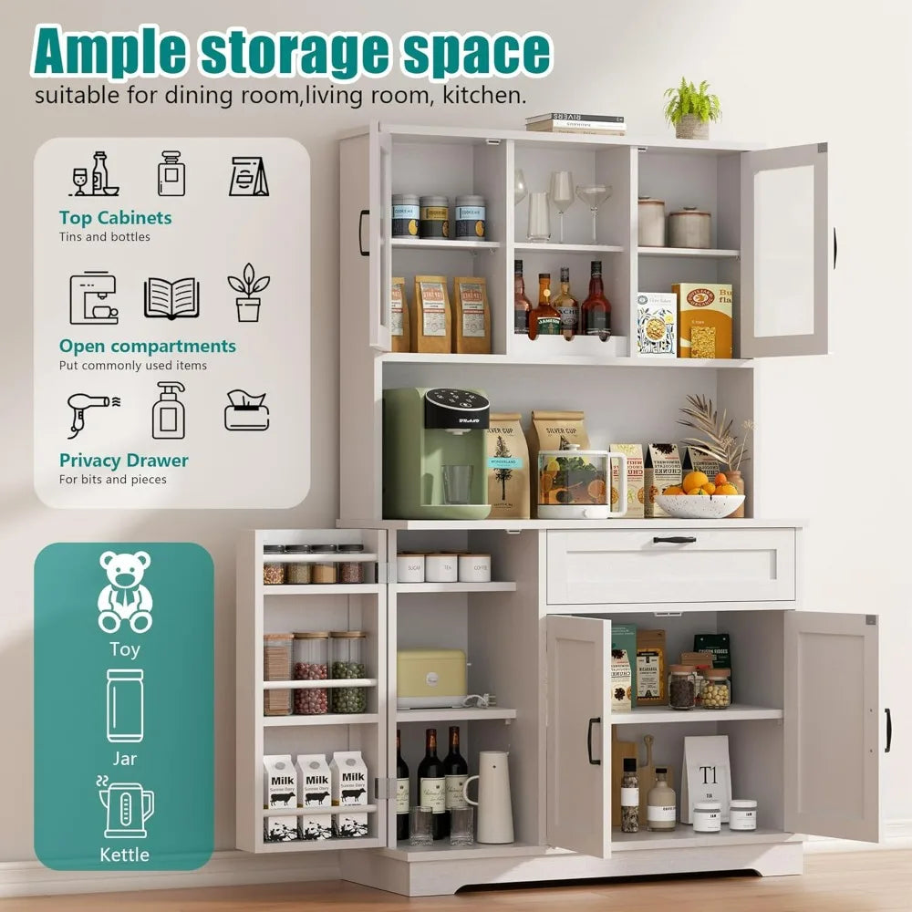 Vongrasig Tall Kitchen Pantry Cabinet Microwave Stand Storage Hutch Dining Living Room White